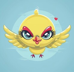 Fototapeta premium A cartoon yellow chicken character, vector illustration logo design on blue background, red 
