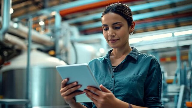 A woman with a tablet stands in a modern tea processing plant, reviewing data on drying and packaging