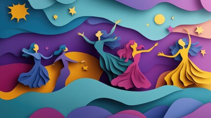 Obraz premium Papercut Festive Decorations, Lively Parades, and Joyful Celebrations: Abstract Simple Minimal Joyful and Colorful 2D Layered Layout