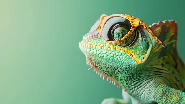 chameleon wearing sunglasses on a solid color background