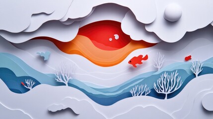 Obraz premium Papercut Playful Sea Creatures, Coral Reefs, and Enchanting Underwater Landscapes: Abstract Simple Minimal Joyful and Colorful 2D Layered Layout