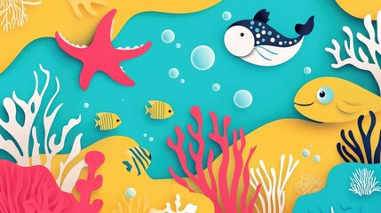 Papercut Playful Sea Creatures, Coral Reefs, and Enchanting Underwater Landscapes: Abstract Simple Minimal Joyful and Colorful 2D Layered Layout