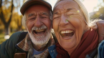 Fototapeta premium Running for race or marathon training selfie, sports, and senior couple in road. After a street cardio session, old woman and man athlete are happy and fit.