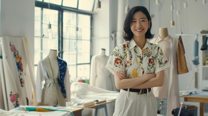 Obraz premium Women in fashion and design with arms crossed for small business, management, or entrepreneurship. Positive female company owner in apparel startup, studio, or workshop.