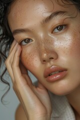 Portfolio, wellness, and cosmetic health skincare, woman, and beauty studio by gray backdrop. Asian cosmetics model with bright complexion, flawless radiance, and studio makeup aesthetic.