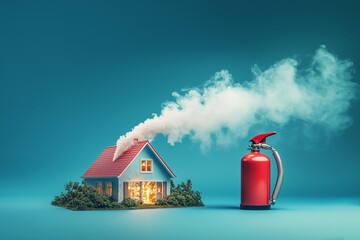 A model of a house on fire and with a lot of smoke on a blue background. Emergency and insurance concept