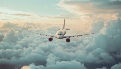 Commercial Airplane Soaring Gracefully Through Clear Blue Sky. Flying High Above Fluffy White Clouds at Sunset