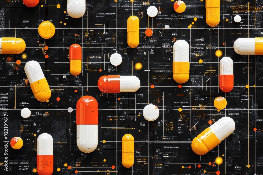 Poster futuristic visualization of medication with glowing pills on a circuit board