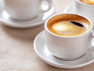 Obraz premium Close-up of a cup of espresso coffee on a beige tablecloth.
