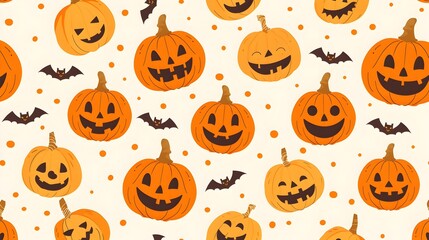 Charming Cartoon Style Pumpkin Pattern with Bats and Ghosts for Halloween and