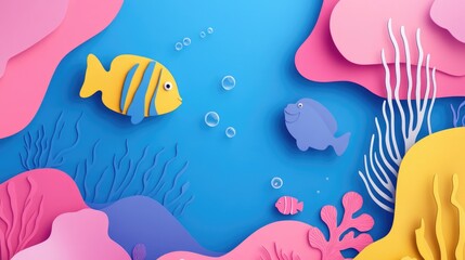 Naklejka premium Papercut Playful Sea Creatures, Coral Reefs, and Enchanting Underwater Landscapes: Abstract Simple Minimal Joyful and Colorful 2D Layered Layout