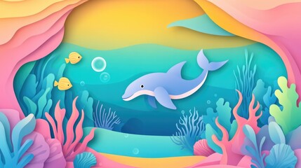 Obraz premium Papercut Playful Sea Creatures, Coral Reefs, and Enchanting Underwater Landscapes: Abstract Simple Minimal Joyful and Colorful 2D Layered Layout