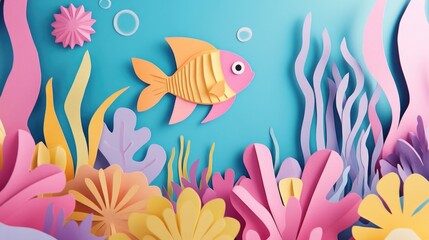 Papercut Playful Sea Creatures, Coral Reefs, and Enchanting Underwater Landscapes: Abstract Simple Minimal Joyful and Colorful 2D Layered Layout