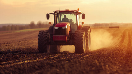 Fototapeta premium Modern Tractor Sunset Dust Agriculture Technology Farm
