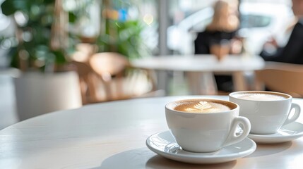 Two cups of latte coffee on a table in a cafe.