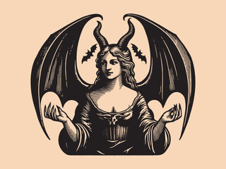 Beautiful horned demon woman with wings. Vintage old engraving illustration emblem, tattoo, print