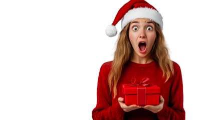 Shocked young Christmas friends woman 20s in red sweater Christmas hat with gift box with gift ribbon single, isolated on white background