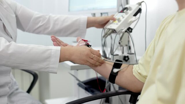  Electromyography for testing patient nerve activity. A modern medical test to detect nerve and muscle issues. Perfect for showcasing professional diagnostics.