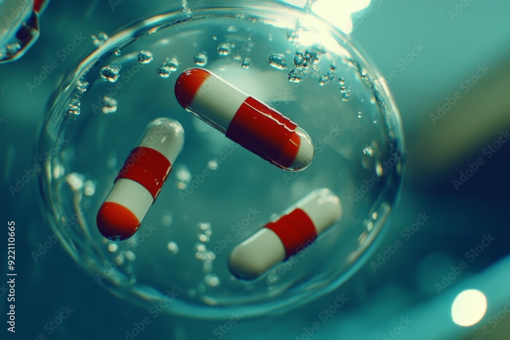 Poster dynamic image of red and white capsules enclosed in a floating bubble