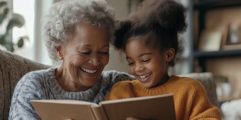 An older woman and a young girl are sitting together and reading a book. Concept of warmth and happiness, as the two generations bond over a shared activity