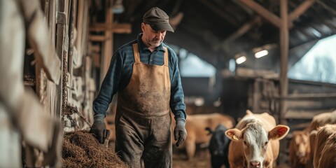 A man in a blue apron is working in a barn with cows. Scene is calm and peaceful, as the man is tending to the animals in a quiet environment