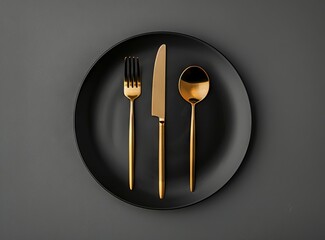 Black plate with golden knife and fork on gray background, top view. Minimal table setting 51b750d3-355a-4dc9-a256-0f6239399448