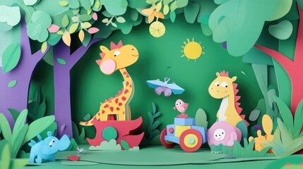 Obraz premium Papercut Childhood Dreams, Playful Toys, and Imaginary Friends: Abstract Simple Minimal Joyful and Colorful 2D Layered Layout