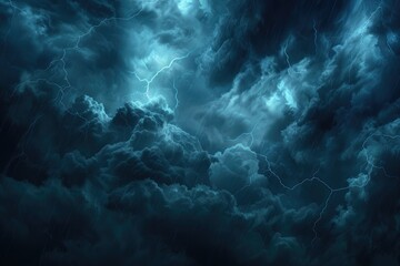 Fototapeta premium Dramatic Thunderstorm with Dark Blue Sky and Illuminated Clouds, Striking Lightning Flashes at Dusk