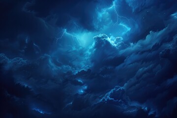 Fototapeta premium Dramatic Thunderstorm with Dark Blue Sky and Illuminated Clouds, Striking Lightning Flashes at Dusk