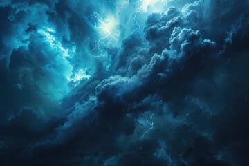 Dramatic Thunderstorm with Dark Blue Sky and Illuminated Clouds, Striking Lightning Flashes at Dusk