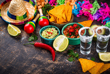 Traditional Mexican food nachos, salsa, guacamole, tequila.