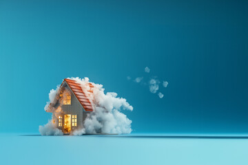 A model of a house on fire and with a lot of smoke on a blue background. Emergency and insurance concept