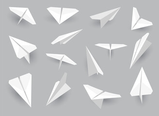 Paper planes collection. Origami handmade aircraft set in different view.  white model paper airplanes with shadow, isolated on gray background