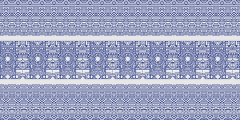 Blue and white aztec tribal pattern with geometric and symbolic elements, perfect for textile or decor.