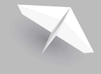 Paper plane model. Origami handmade aircraft view.  white paper airplane with shadow, isolated on gray background