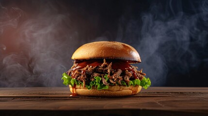 Juicy pulled pork burger with fresh lettuce and smoky BBQ sauce on a rustic wooden table.