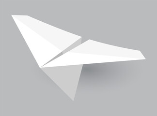 Paper plane model. Origami handmade aircraft view.  white paper airplane with shadow, isolated on gray background