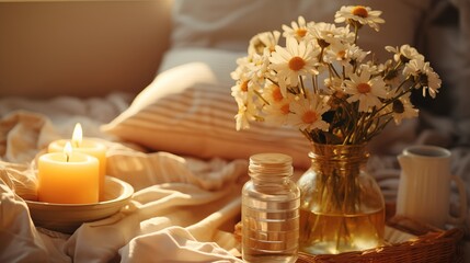 Obraz premium Cozy home interior with a bouquet of wildflowers in a vase, candles, and soft towels on a sunny day, creating a peaceful and relaxing atmosphere with sun light.