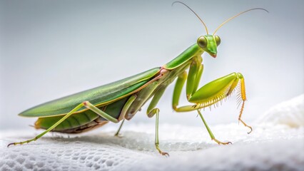 A delicate, emerald-green praying mantis stands-alone on a soft, white background, showcasing its intricate, lace-like wings and long, slender body in sharp focus.