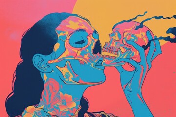 Fototapeta premium Surreal vibrant skull kiss illustration