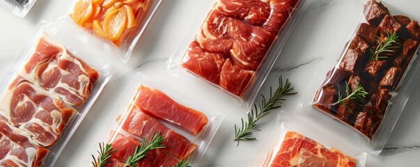 High-resolution minimalist photo of assorted packaged meat on white background