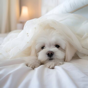 white cute animal dog playing hide and seek on white soft bed animal in house interior pet lifestyle at home,
cozy white dog resting on a fluffy blanket,Cute small white puppies of the Maltez breed p
