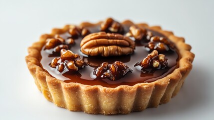 Minimalist tart with a toffee glaze and a single walnut placed at the center, on a clean white background, minimalist toffee tart walnut, minimalist dessert design