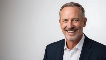 Smiling middle-aged businessman in a dark suit with gray hair against a light gray background