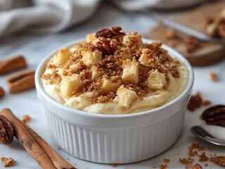 Vanilla pudding served in a ramekin, topped with Danish pastry chunks and a generous praline crumble, vanilla pudding Danish pralines, comfort dessert presentation