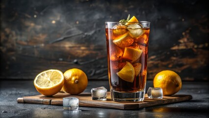 A refreshing cocktail with a blend of vodka, triple sec, cola, and lemon, garnished with a lemon wedge, served over ice in a tall glass.