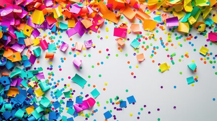 Obraz premium A colorful confetti background with vibrant paper pieces scattered across a white surface, creating a festive vibe