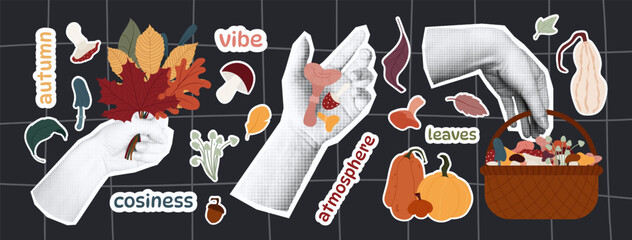Autumn Halftone Collage with Cozy Elements and Hands