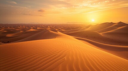 A desert landscape bathed in the golden glow of a sunset, with shadows stretching across the sand dunes
