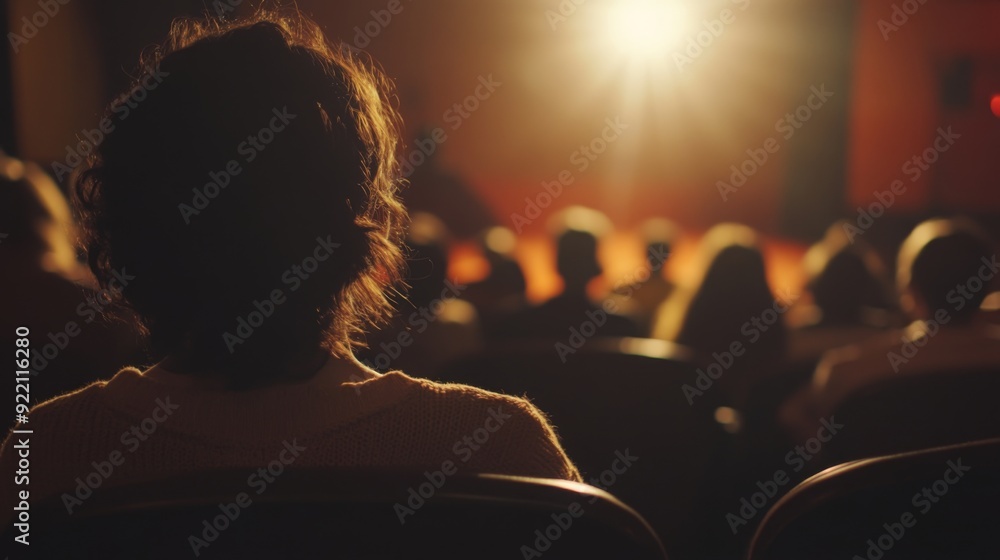 Poster a group of people attentively watches a performance, illuminated by soft stage lights, creating an e